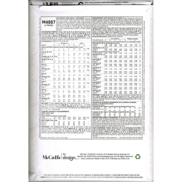 McCalls M4887 Toddler Girls 2 to 5 Fairy Halloween Costume Uncut Sewing Pattern - Picture 2 of 2